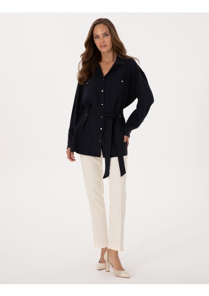 Kadın Lacivert Oversize Uzun Kollu Gömlek 50314120-VR033 fırsatları