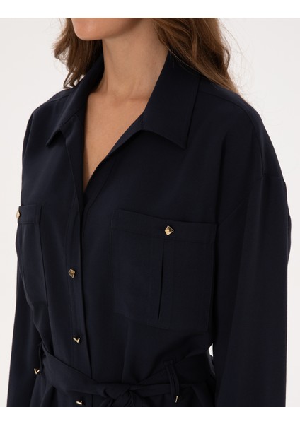 Kadın Lacivert Oversize Uzun Kollu Gömlek 50314120-VR033