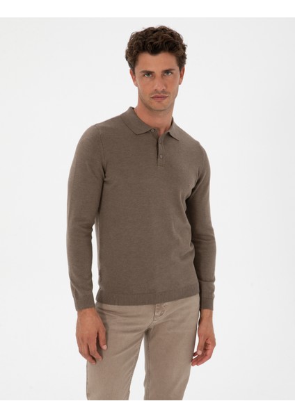 Erkek Vizon Melanj Slim Fit Polo Yaka Basic Triko Kazak 50315405-VR174