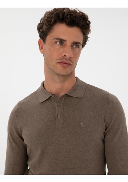 Erkek Vizon Melanj Slim Fit Polo Yaka Basic Triko Kazak 50315405-VR174 fiyatları