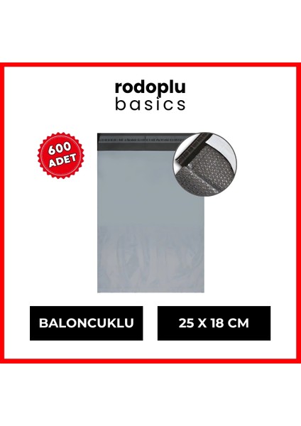 Rodoplu Basics Kargo Poşeti, 600 Adet, 25 x 18 Cm, Baloncuklu, Naylon