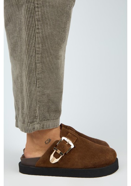 (Sofia) Kadın Hakiki Deri Sabo Platform Taba Terlik