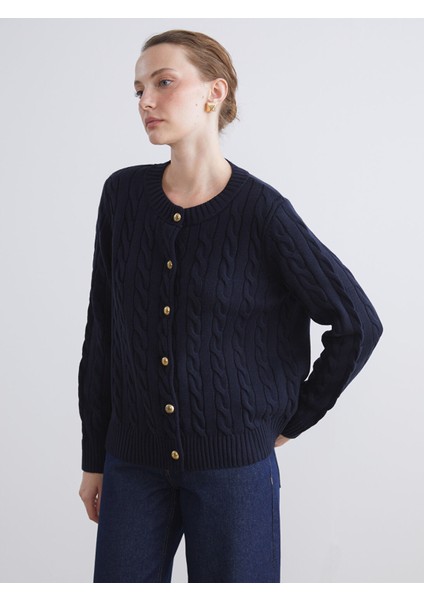 Yeni Sezon Bisiklet Yaka Kendinden Desenli Kadın Triko Hırka