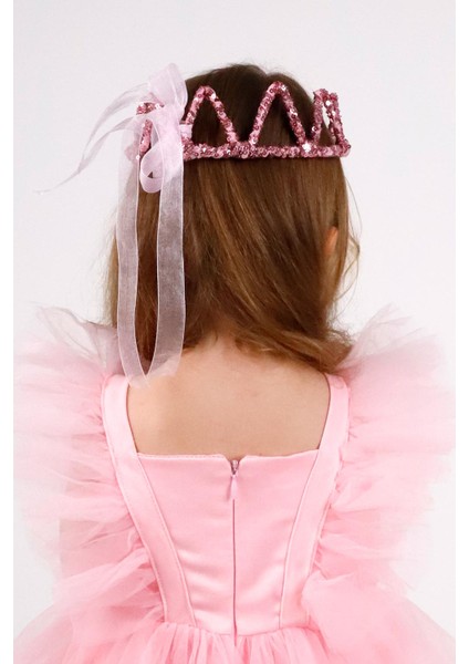 Fuşya Yuvarlak Payetli Kız Çocuk Kraliçe Taç