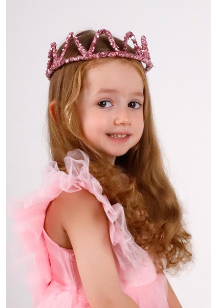 Fuşya Yuvarlak Payetli Kız Çocuk Kraliçe Taç