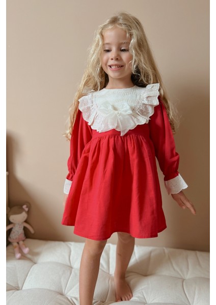 Kırmızı Fisto Yakalı Keten Kız Çocuk Elbise - Trinetta