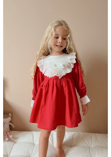 Kırmızı Fisto Yakalı Keten Kız Çocuk Elbise - Trinetta