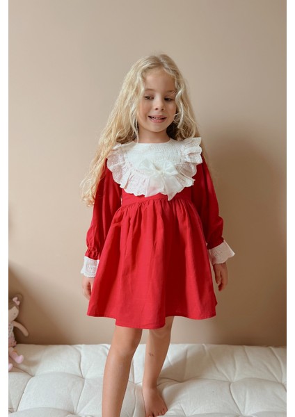 Kırmızı Fisto Yakalı Keten Kız Çocuk Elbise - Trinetta