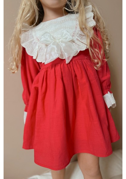 Kırmızı Fisto Yakalı Keten Kız Çocuk Elbise - Trinetta