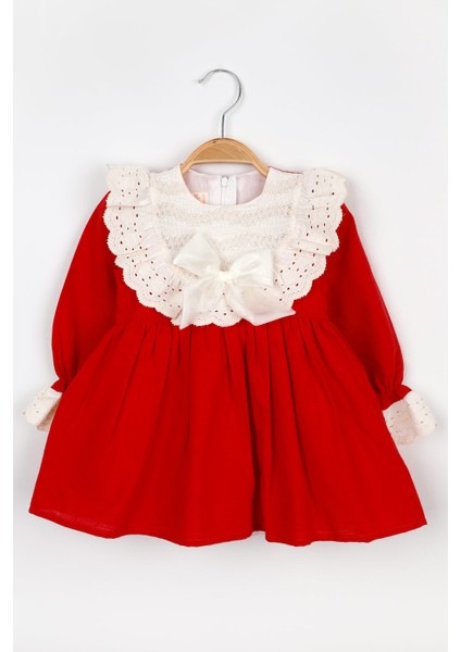Kırmızı Fisto Yakalı Keten Kız Çocuk Elbise - Trinetta