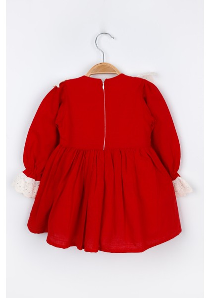 Kırmızı Fisto Yakalı Keten Kız Çocuk Elbise - Trinetta