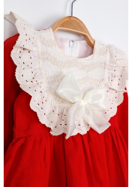 Kırmızı Fisto Yakalı Keten Kız Çocuk Elbise - Trinetta