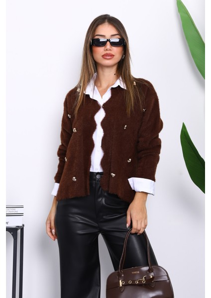 Kahverengi Düğme Detaylı Angora Yumoş Triko Hırka
