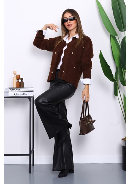 Kahverengi Düğme Detaylı Angora Yumoş Triko Hırka fiyatları
