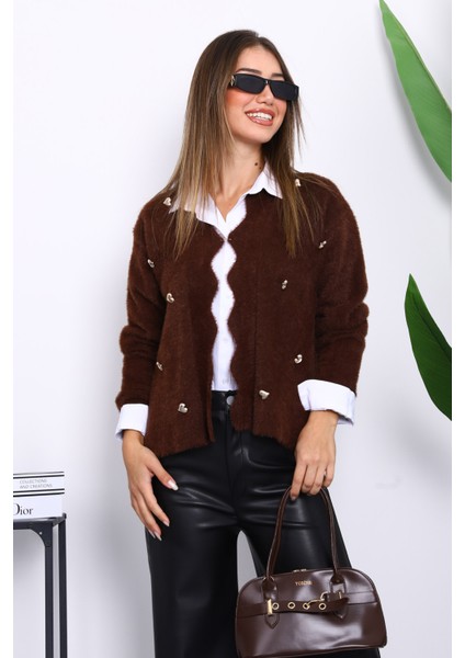 Kahverengi Düğme Detaylı Angora Yumoş Triko Hırka modelleri