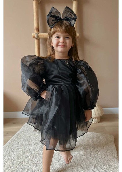 Siyah Uzun Kollu Organze Kız Çocuk Parti Elbisesi - Sage