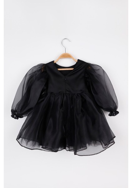 Siyah Uzun Kollu Organze Kız Çocuk Parti Elbisesi - Sage