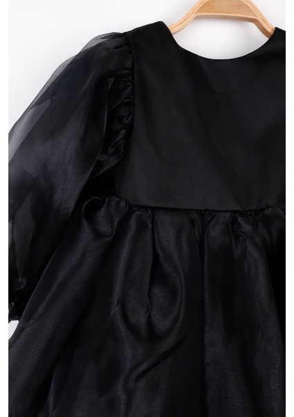 Siyah Uzun Kollu Organze Kız Çocuk Parti Elbisesi - Sage