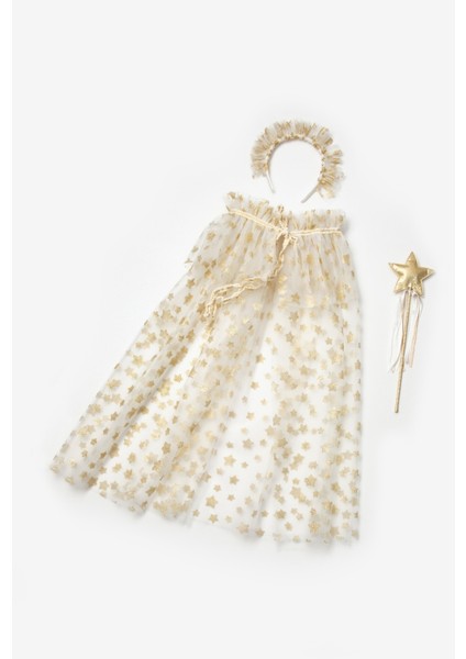 Beyaz Yıldız Baskılı Kız Çocuk Yıldızlı Pelerin Asa ve Taç Set