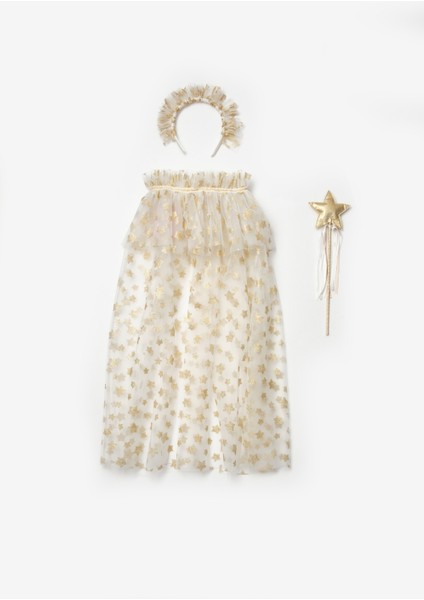 Beyaz Yıldız Baskılı Kız Çocuk Yıldızlı Pelerin Asa ve Taç Set