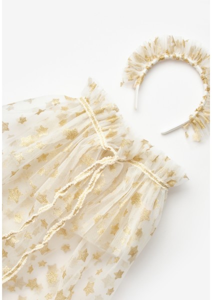 Beyaz Yıldız Baskılı Kız Çocuk Yıldızlı Pelerin Asa ve Taç Set