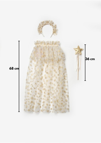 Beyaz Yıldız Baskılı Kız Çocuk Yıldızlı Pelerin Asa ve Taç Set