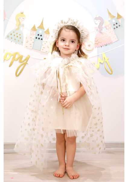 Beyaz Yıldız Baskılı Kız Çocuk Yıldızlı Pelerin Asa ve Taç Set