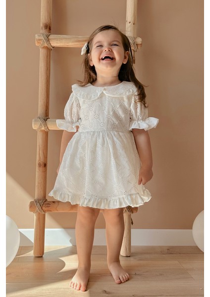 Beyaz Bebe Yakalı Fisto Kız Çocuk Elbise - Greta