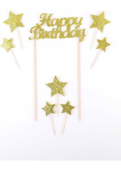 Altın Happy Birthday Yıldız Pasta Süsü
