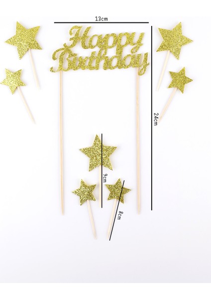 Altın Happy Birthday Yıldız Pasta Süsü