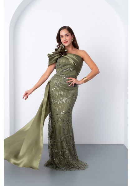 Kadın Haki Boncuklu Tek Omuz Fiyonk Detay Kuyruklu Uzun Abiye