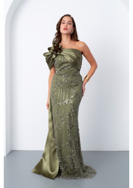 Kadın Haki Boncuklu Tek Omuz Fiyonk Detay Kuyruklu Uzun Abiye fiyatları
