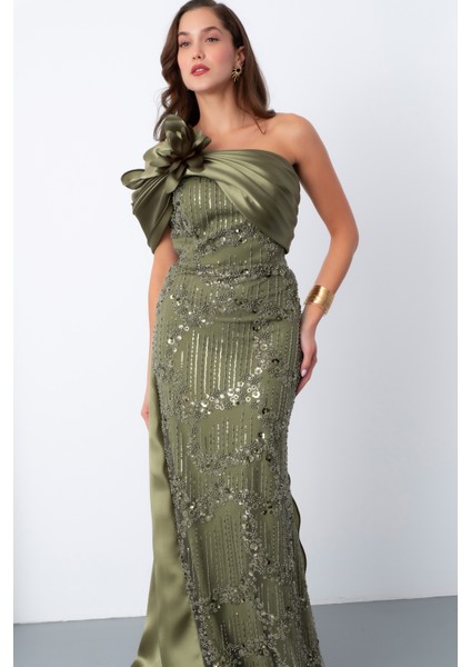 Kadın Haki Boncuklu Tek Omuz Fiyonk Detay Kuyruklu Uzun Abiye modelleri