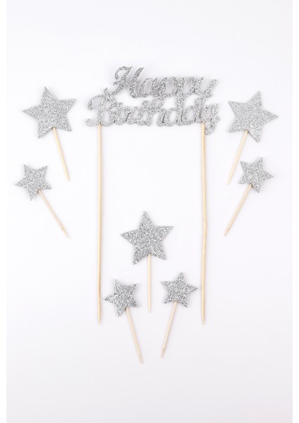 Gümüş Happy Birthday Yıldız Pasta Süsü