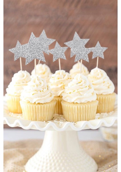 Gümüş Happy Birthday Yıldız Pasta Süsü