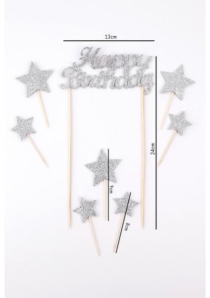 Gümüş Happy Birthday Yıldız Pasta Süsü