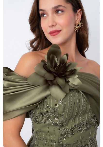 Kadın Haki Boncuklu Tek Omuz Fiyonk Detay Kuyruklu Uzun Abiye fırsatları