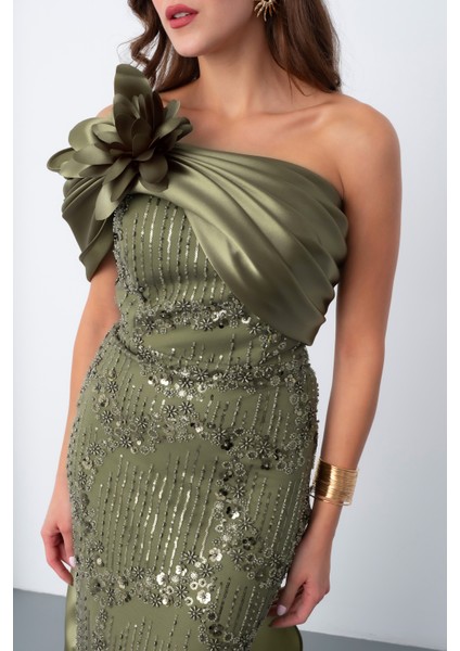 Kadın Haki Boncuklu Tek Omuz Fiyonk Detay Kuyruklu Uzun Abiye indirimleri