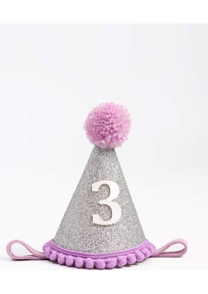 Lila 3 Yaş Ponponlu Huni Doğum Günü Tacı modelleri