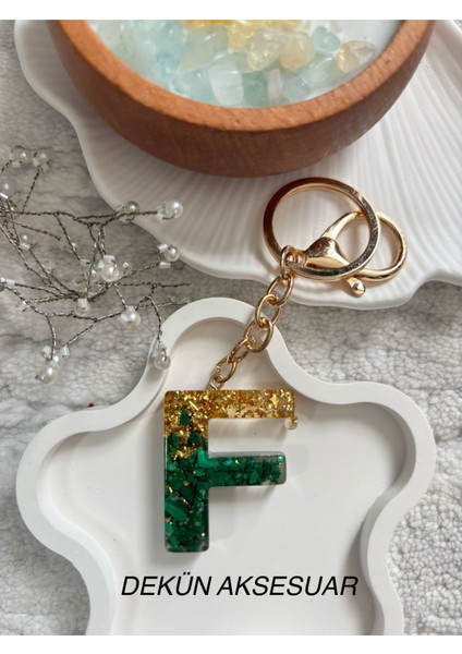 F Harfi Epoksi Yeşil Gold El Yapımı Anahtarlık