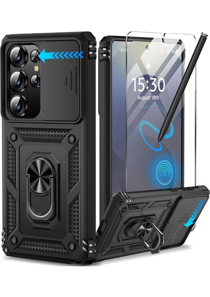 Samsung Galaxy S25 Ultra Uyumlu Ekran Koruyucu Kılıf Sürgülü Yüzüklü Standlı Darbe Emici Tank Kapak