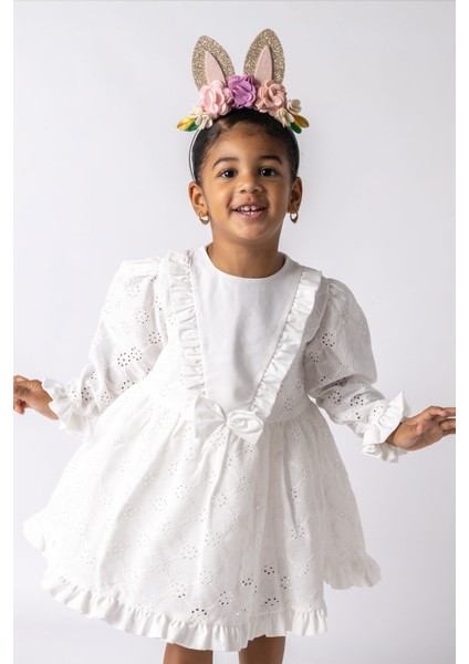 Beyaz Uzun Kollu Fisto Kız Çocuk Elbise - Adele
