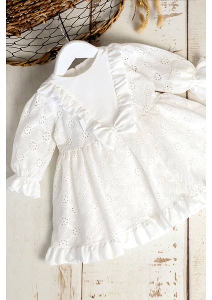 Beyaz Uzun Kollu Fisto Kız Çocuk Elbise - Adele