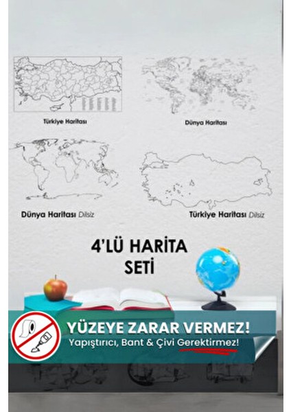 Kağıt Tahta Harita Seti 4 Adet Türkiye ve Dünya Haritaları ile Silgili Kalem Hediye