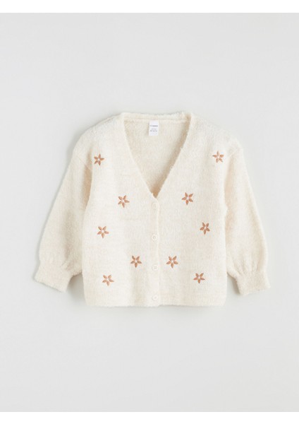 Yeni Sezon V Yaka Nakışlı Kız Çocuk Hırka