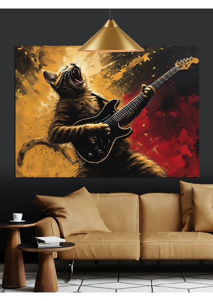 Gitar Çalan Kedi Figürü Illüstrasyonu Dekoratif Kanvas - Mdf Ahşap Tablo