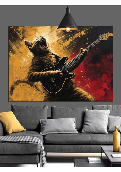 Gitar Çalan Kedi Figürü Illüstrasyonu Dekoratif Kanvas - Mdf Ahşap Tablo fiyatları