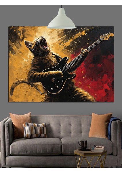 Gitar Çalan Kedi Figürü Illüstrasyonu Dekoratif Kanvas - Mdf Ahşap Tablo modelleri