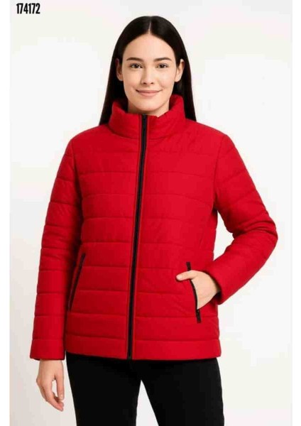 Bomber Mont Ceket-Su Itici Kumaş, Kapitone Astarlı, Fermuarlı, Kışlık, Kırmızı Gül Figürlü Kolye Hediye