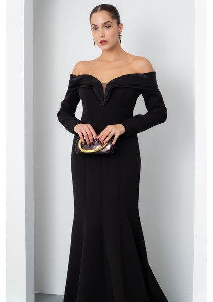 Kadın Siyah Kayık Yaka Uzun Balık Abiye Elbise fiyatları